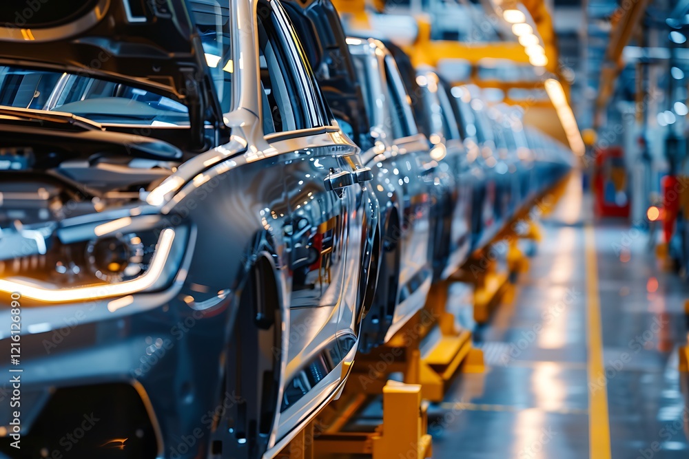 New cars in a row in a busy factory New cars in a row in a busy factory
