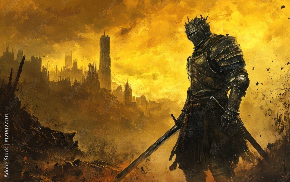 A knight in armor stands before a ruined city with a golden sky above them all A knight in armor stands before a ruined city with a golden sky above them all