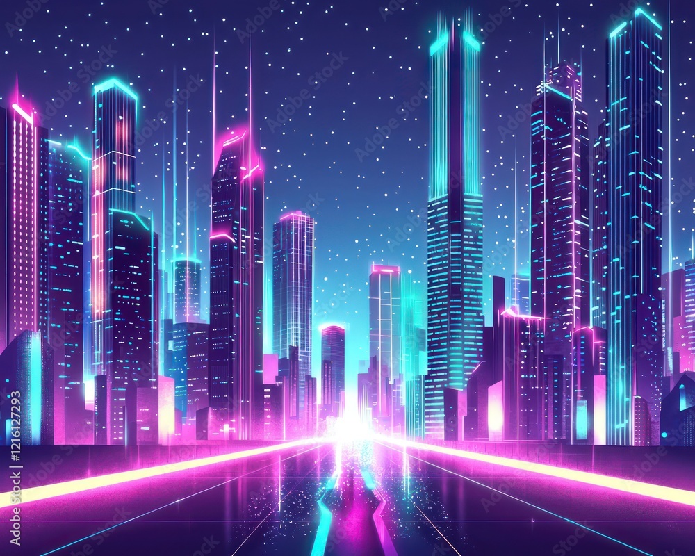 Abstract city design with neon lights and futuristic skyscrapers Abstract city design with neon lights and futuristic skyscrapers
