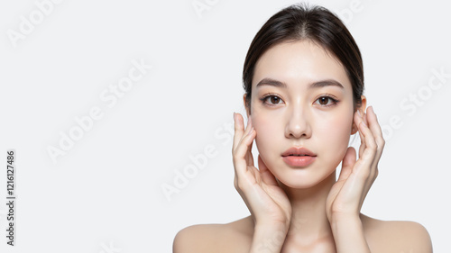 Beauty skin woman with bare shoulder touching her face on white background, Free space for text.	