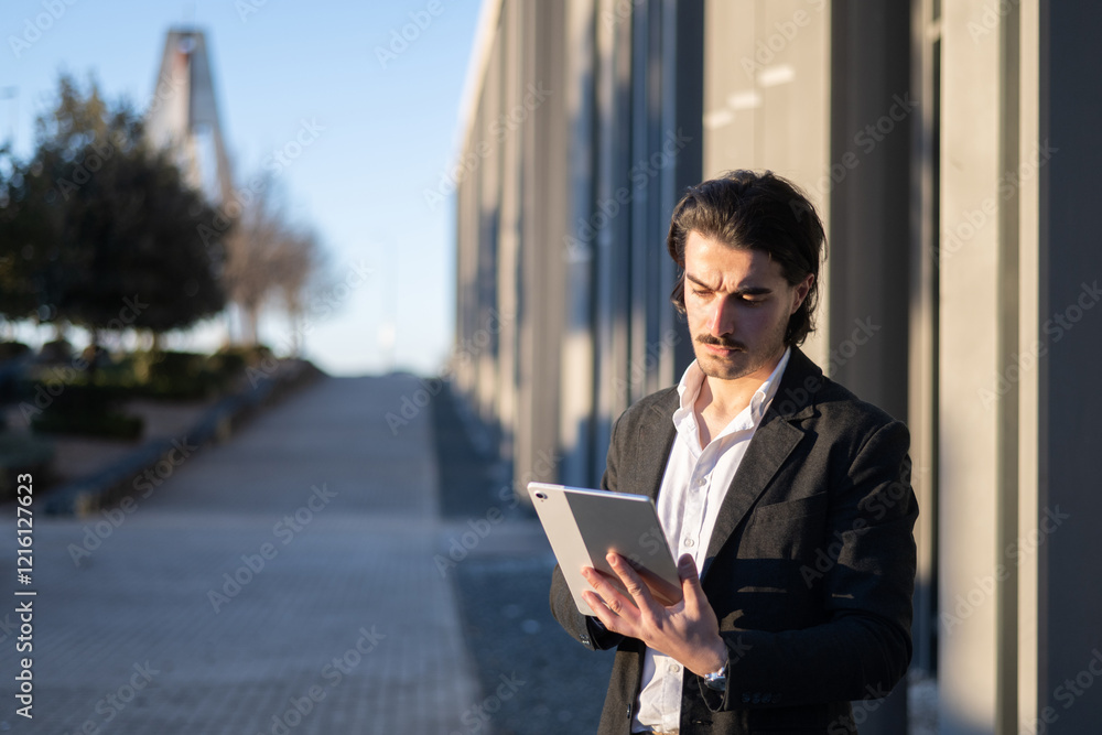 Businessman Standing Outside Office With Tablet, Confident And Authentic, Symbolizing Success In Online Work And Communication. Businessman Standing Outside Office With Tablet, Confident And Authentic, Symbolizing Success In Online Work And Communication.