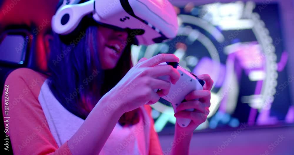 Playing video game, teenage girl using VR headset and controller, enjoying school break Playing video game, teenage girl using VR headset and controller, enjoying school break