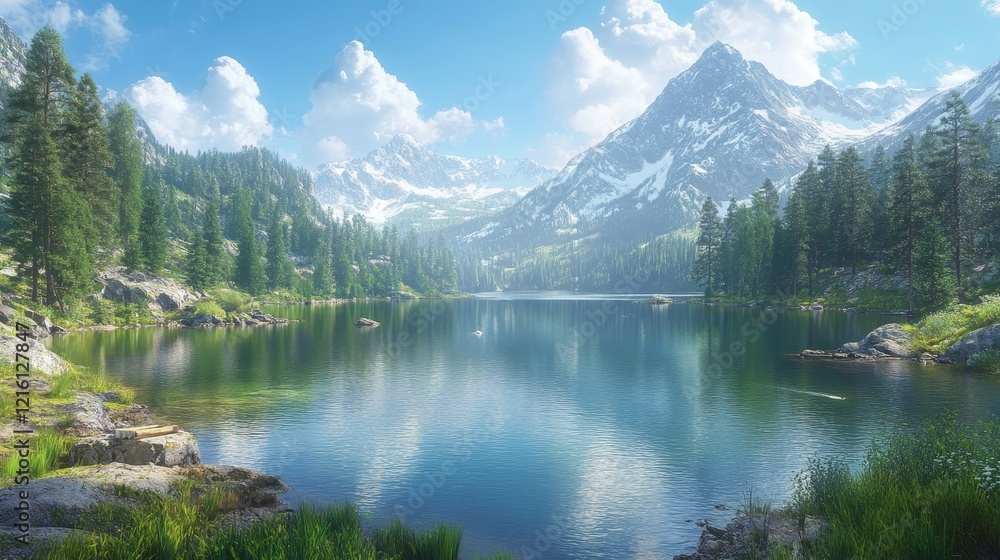 Serene mountain lake reflecting snow-capped peaks under a bright blue sky Serene mountain lake reflecting snow-capped peaks under a bright blue sky