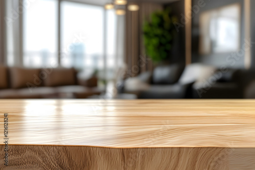 Empty wooden table and blurred background of sofa in living room.