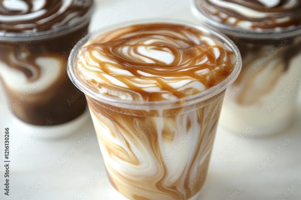 Caramel swirl yogurt cups, kitchen, dessert, close-up Caramel swirl yogurt cups, kitchen, dessert, close-up
