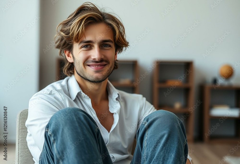 Fototapeta premium Male portrait with disheveled hair and casual clothing