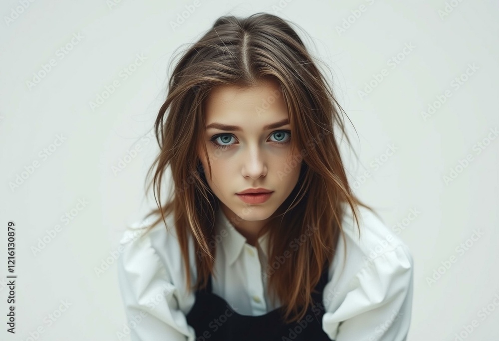 Female portrait with disheveled hair and a hint of sadness Female portrait with disheveled hair and a hint of sadness