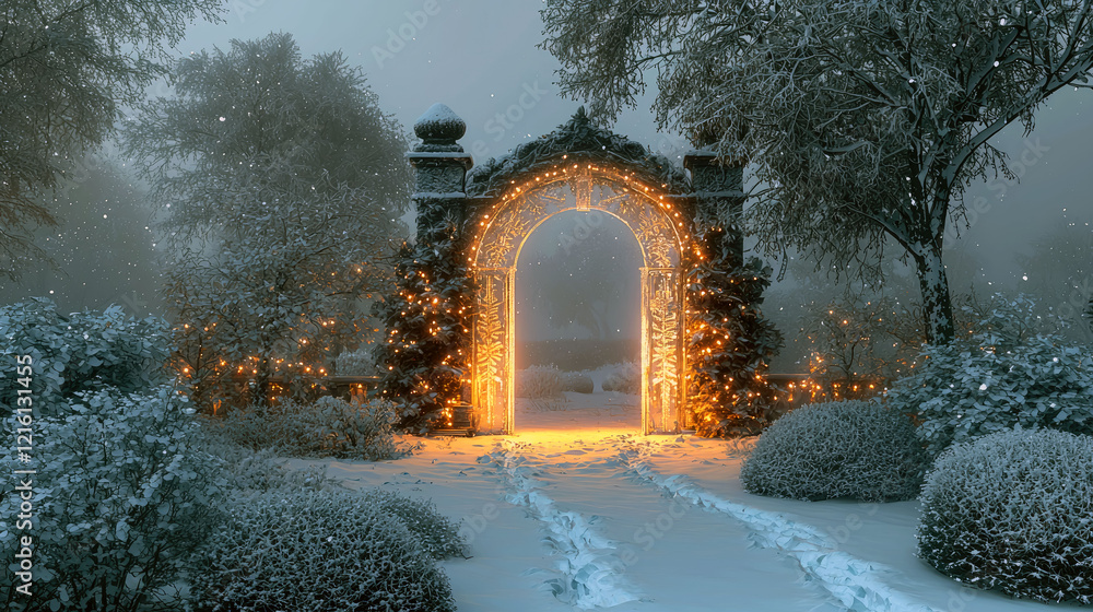 Obraz premium Enchanted Winter Gate: A Magical Holiday Scene in a Snowy Garden
