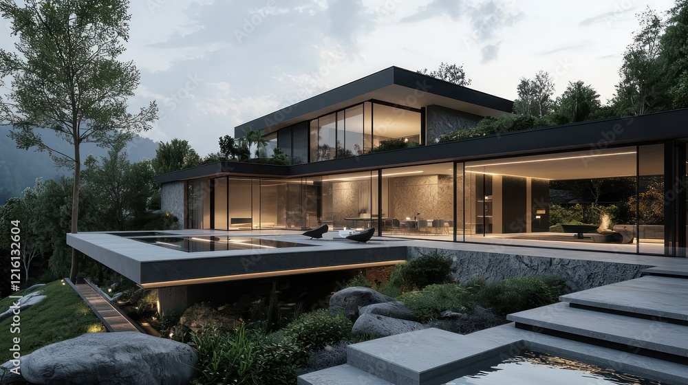 Contemporary architecture with sleek lines and natural landscape elements Contemporary architecture with sleek lines and natural landscape elements
