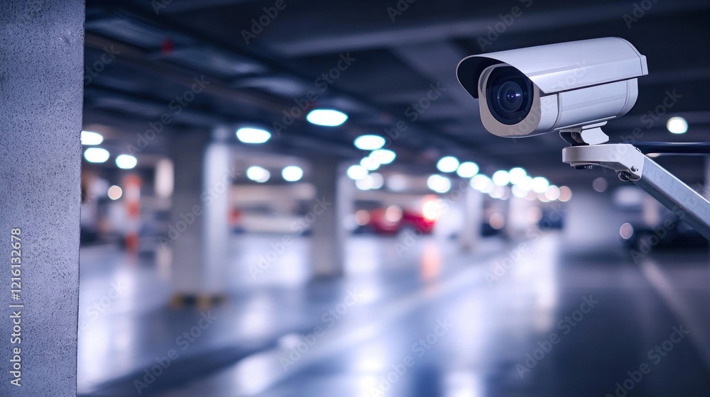 Security camera in a parking garage monitors for safety and crime Security camera in a parking garage monitors for safety and crime