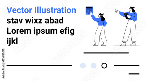 Two characters holding a tablet and pointing at graphs in a business presentation theme. Ideal for business, teamwork, communication, digital art, web design, modern illustration, professional