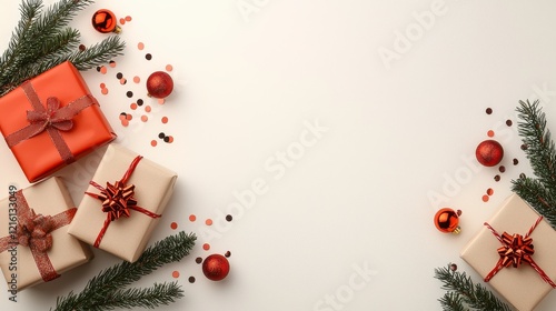 Presents and christmas decorations arranged on a white background for holiday celebrations
