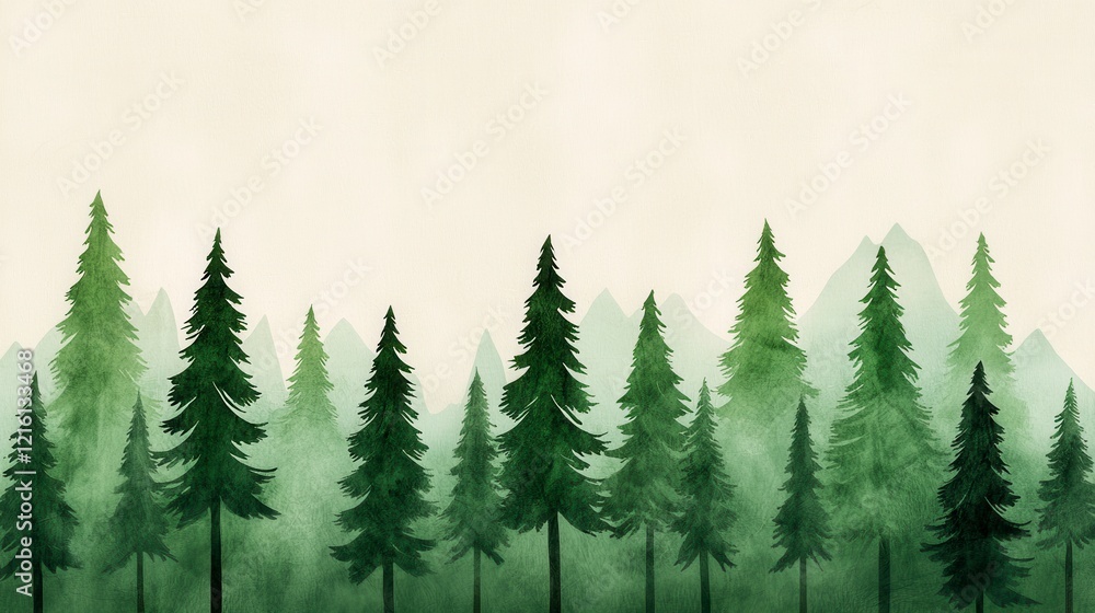 Obraz premium Painting of a tranquil forest landscape featuring a variety of trees and natural greenery