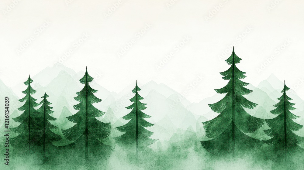 Fototapeta premium Painting of a dense forest with various types of green trees and underbrush