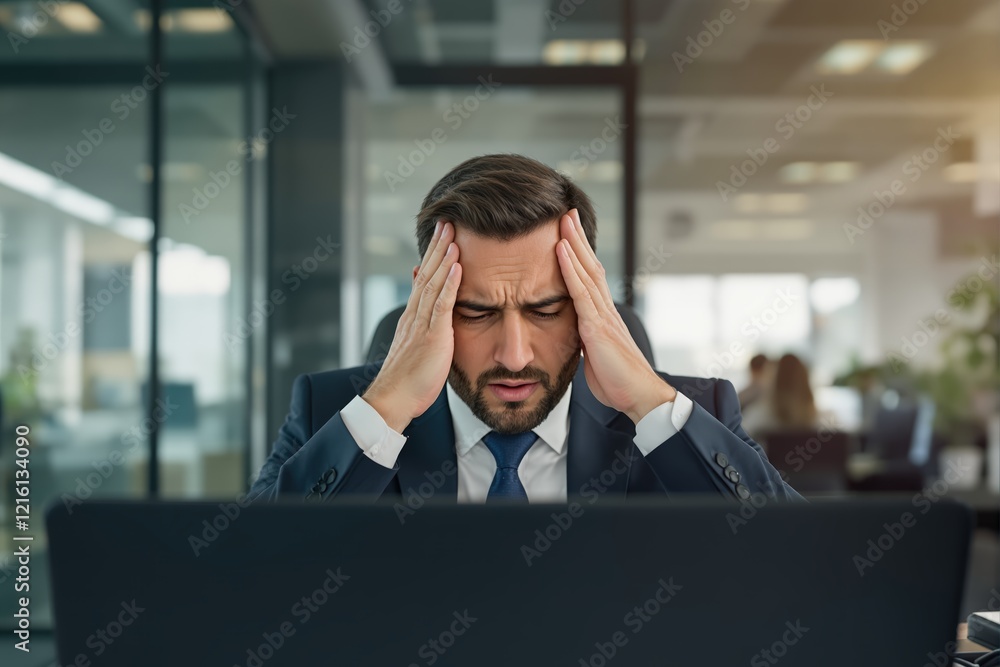 Headache, eye strain and businessman with laptop in office with burnout, frustration or stress. Migraine, vertigo and professional lawyer working on computer with brain fog or head pain in workplace Headache, eye strain and businessman with laptop in office with burnout, frustration or stress. Migraine, vertigo and professional lawyer working on computer with brain fog or head pain in workplace