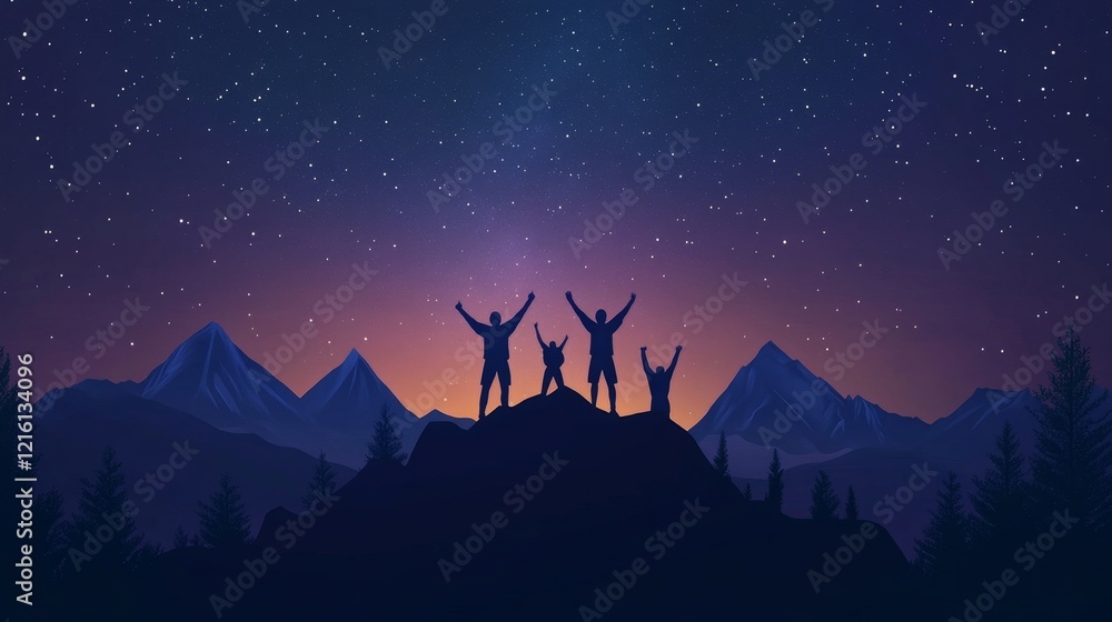 Fototapeta premium Panorama landscape with milky way, Night sky with stars and silhouette of a standing sporty people with raised up arms on high mountain