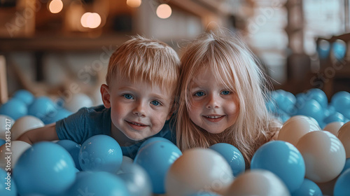 Adorable Siblings Playing Together in a Ball Pit: Fun, Joyful Childhood Moments photo