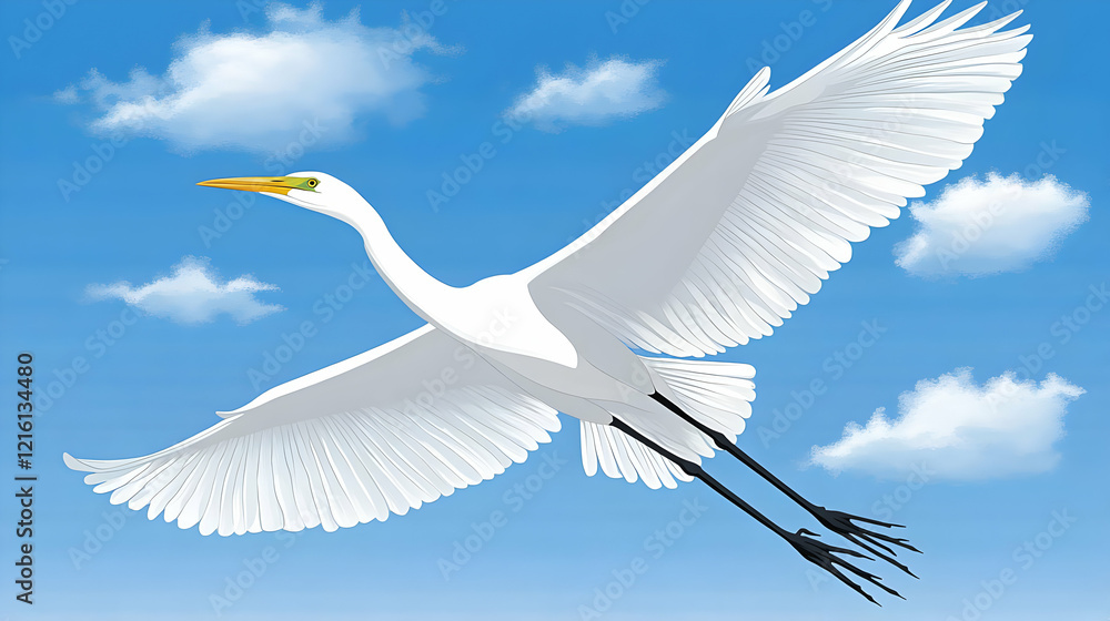 Fototapeta premium Great Egret in Flight Illustration
