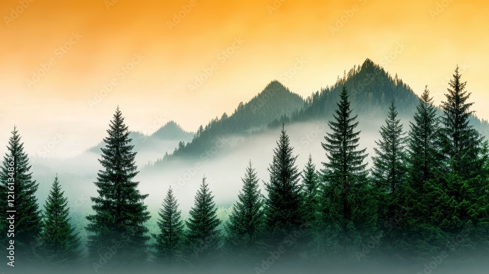 Obraz premium Lush green forest with towering mountain peak in the background under a clear blue sky