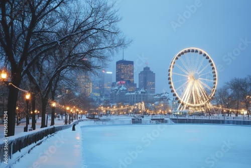 Scenic view of Montreal's Old Port with an ice skating rink