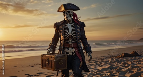 A skeleton pirate walks on the beach at sunset, carrying a treasure chest that emits a mysterious glow. 