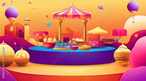 Wallpaper Mural Vibrant Arabian Market Illustration: A Festive Scene of Colorful Goods and Delectable Treats Underneath a Striped Canopy Torontodigital.ca