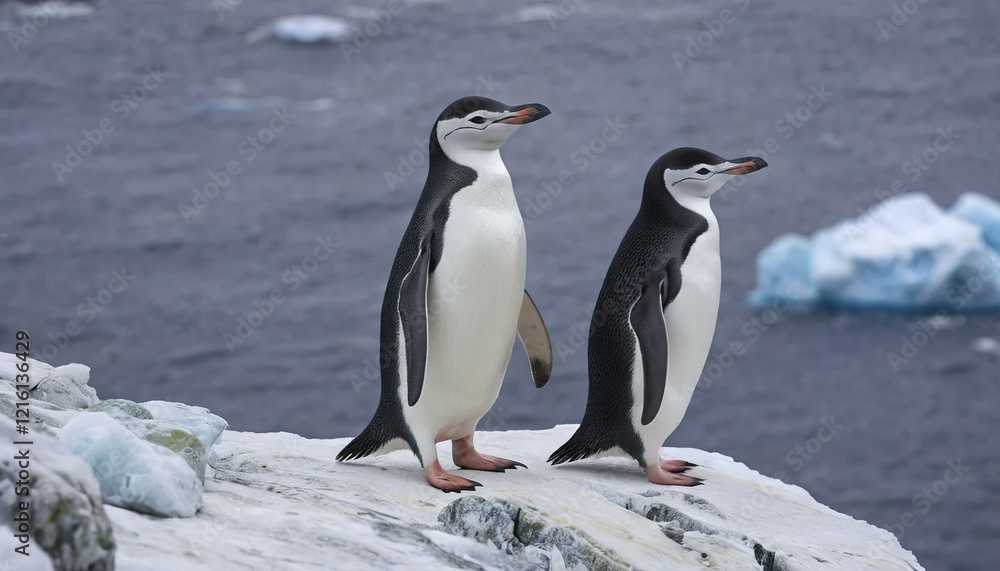 Obraz premium charismatic chinstrap penguin (Pygoscelis antarcticus) stands poised on a rocky outcrop