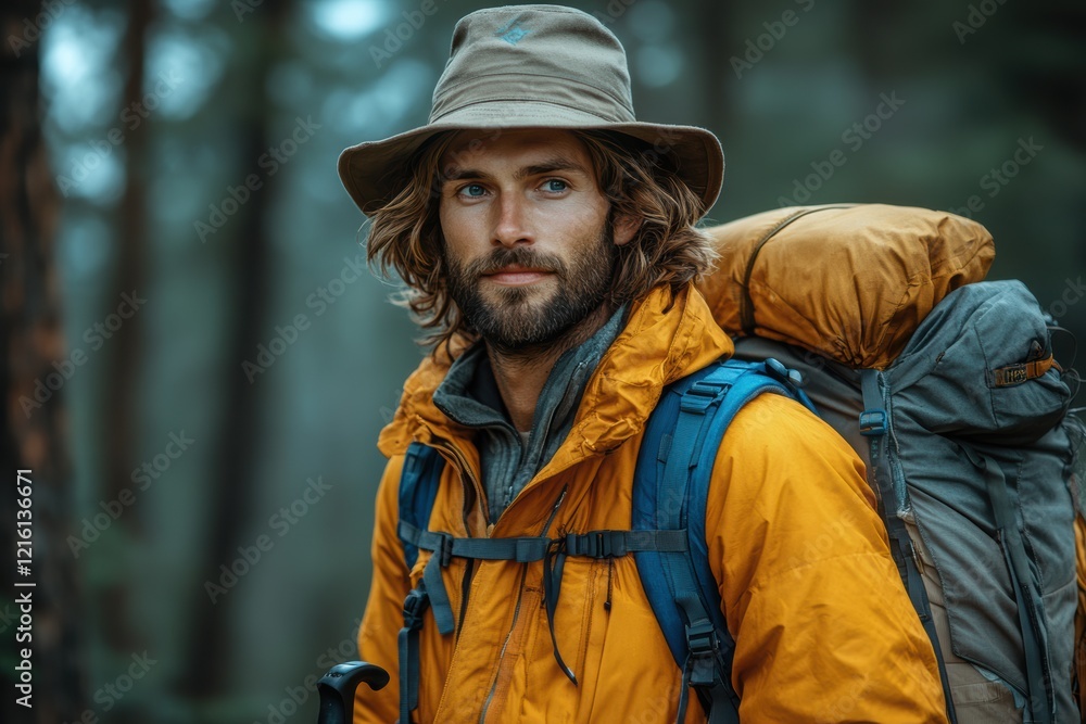 Backpacker with trekking poles, exuding adventure, Backpacker with trekking poles, exuding adventure,