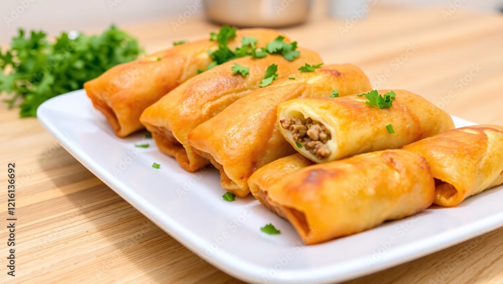 Crispy golden spring rolls arranged on a white plate with a vibrant garnish, showcasing a delicious and inviting appetizer perfect for meals or gatherings. Crispy golden spring rolls arranged on a white plate with a vibrant garnish, showcasing a delicious and inviting appetizer perfect for meals or gatherings.