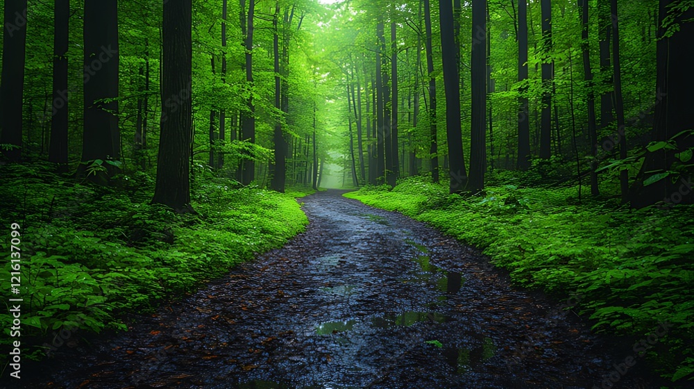 Fototapeta premium Misty forest path, lush greenery, rain, nature scene