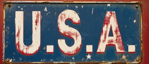 Vintage metal license plate displaying U.S.A., showcasing Americana and cultural nostalgia, perfect for travel-themed projects or home decor inspirations. photo