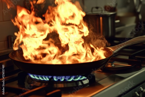 Kitchen fire, flaming pan, stovetop, cooking accident, restaurant photo