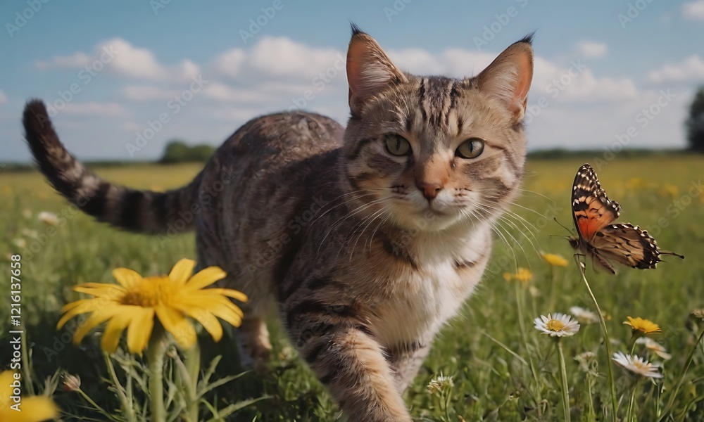 A playful cat chasing a butterfly in a field of wildflowers A playful cat chasing a butterfly in a field of wildflowers