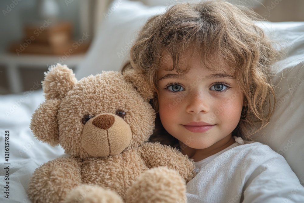 Child in a pediatric ward, holding a stuffed toy tightly for comfort, while lying quietly on a hospital bed with soft lighting in the room Child in a pediatric ward, holding a stuffed toy tightly for comfort, while lying quietly on a hospital bed with soft lighting in the room