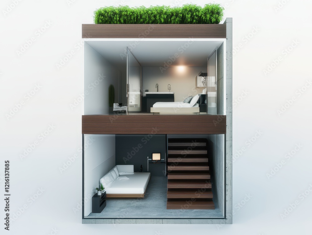 Modern Two-Story Duplex House Architectural Design with Rooftop Garden and Interior View Modern Two-Story Duplex House Architectural Design with Rooftop Garden and Interior View