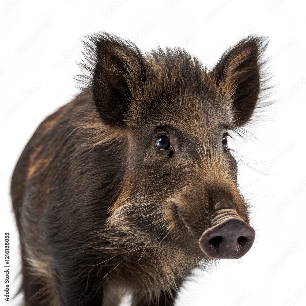 Close-up Portrait of Young Wild Boar, White Background, Fur Texture, Animal Photography Wild boar, Sus scrofa Close-up Portrait of Young Wild Boar, White Background, Fur Texture, Animal Photography Wild boar, Sus scrofa
