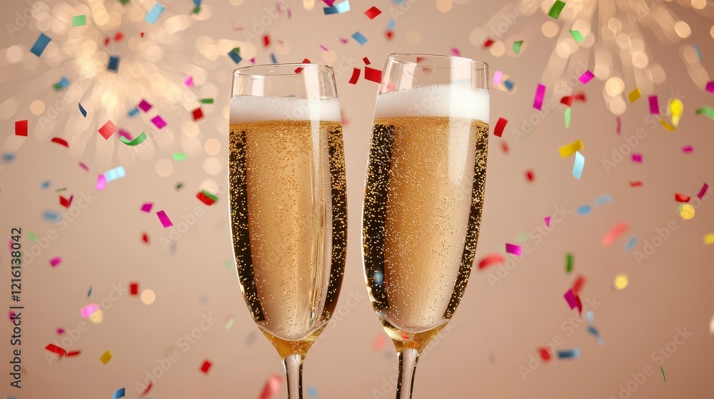 Two glasses of champagne with decorative confection displayed on a table in an elegant setting Two glasses of champagne with decorative confection displayed on a table in an elegant setting