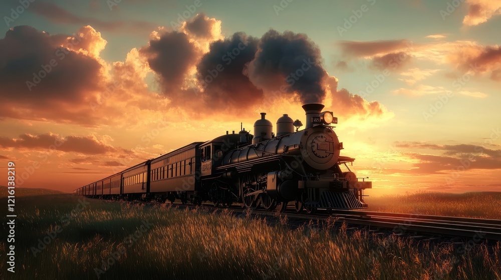 Fototapeta premium Vintage Steam Train Journey at Sunset with Golden Hour Skies and Passing Through Wheat Field