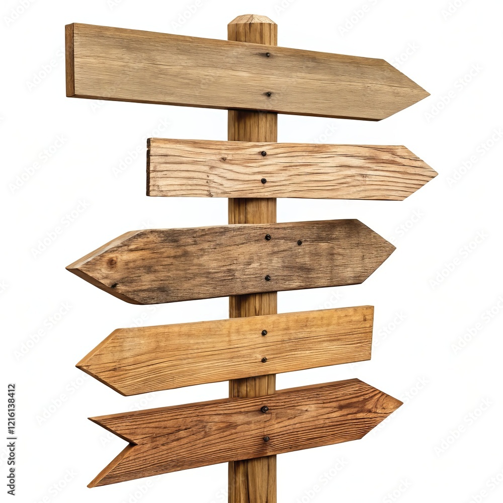 Five Rustic Wooden Arrow Signpost, Blank Direction Signs, Weathered Wood Texture, Isolated Background, Signpost, Direction Signpost, Direction Five Rustic Wooden Arrow Signpost, Blank Direction Signs, Weathered Wood Texture, Isolated Background, Signpost, Direction Signpost, Direction