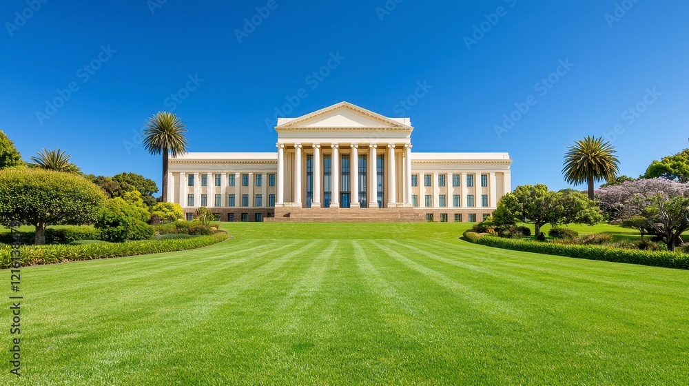Large modern building with green lawn in front and clear blue sky above Large modern building with green lawn in front and clear blue sky above