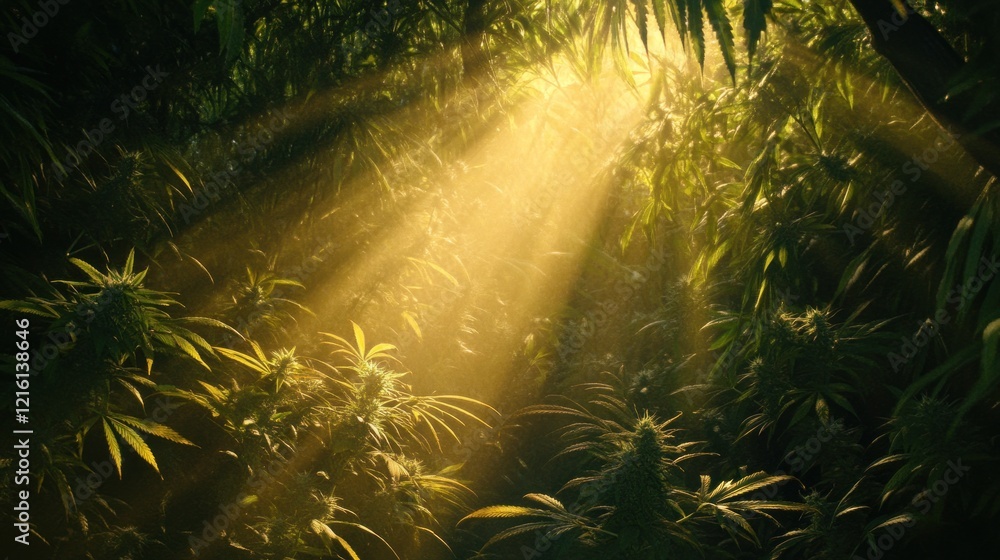 Fototapeta premium Sunlit cannabis plants growing in a lush green forest environment
