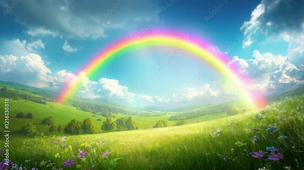 Rainbow over Lush Green Meadow Sunny Day Nature Scene Rainbow over Lush Green Meadow Sunny Day Nature Scene