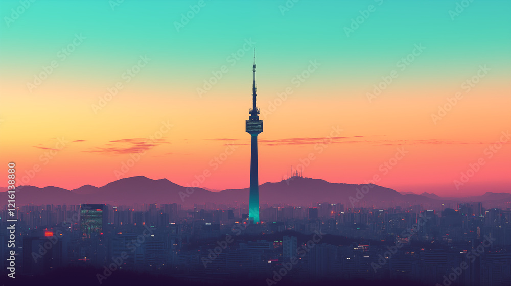 N-Seou tower silhouetted against the sunset sky with clouds, overlooking a city skyline, capturing the urban architecture and communication antennas N-Seou tower silhouetted against the sunset sky with clouds, overlooking a city skyline, capturing the urban architecture and communication antennas