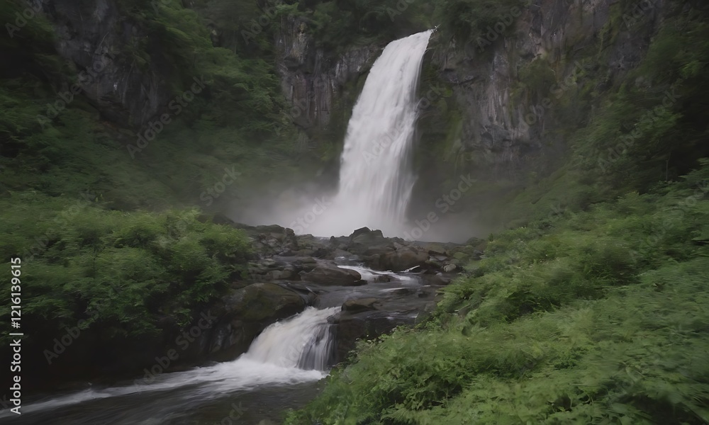 A waterfall cascading down a rocky cliff face, surrounded by lush green foliage A waterfall cascading down a rocky cliff face, surrounded by lush green foliage
