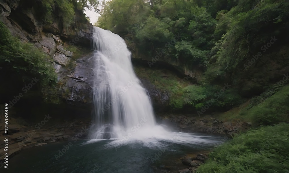 A waterfall cascading down a rocky cliff face, surrounded by lush green foliage A waterfall cascading down a rocky cliff face, surrounded by lush green foliage