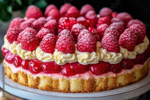 Fresh raspberry tart with cherry filling and cream topping photo