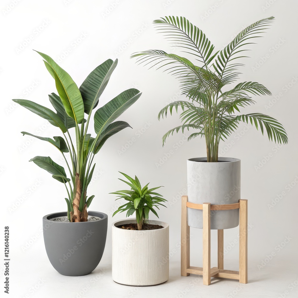 Fototapeta premium Three Potted Plants Minimalist Composition, Greenery, Home Decor, Plant Stand Indoor Plants, Minimalist Design