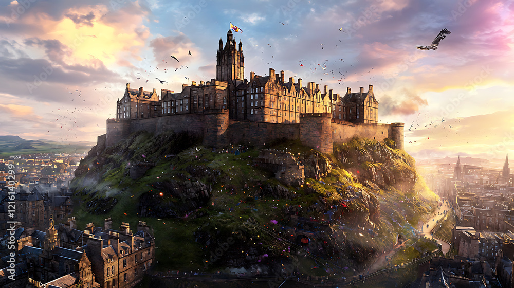 Fototapeta premium stunning castle on hill, surrounded by vibrant landscape and colorful skies, evokes sense of history and wonder