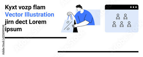 Man in blue shirt unpacks shopping bags while a neighboring icon shows a virtual meeting with group members in a browser window. Ideal for e-commerce concepts, online shopping, teamwork, product