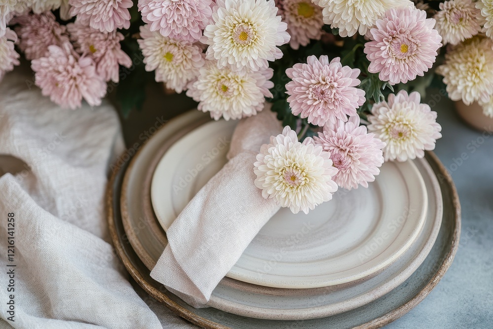 Pastel Chrysanthemums Table Setting, Autumn Decor Pastel Chrysanthemums Table Setting, Autumn Decor